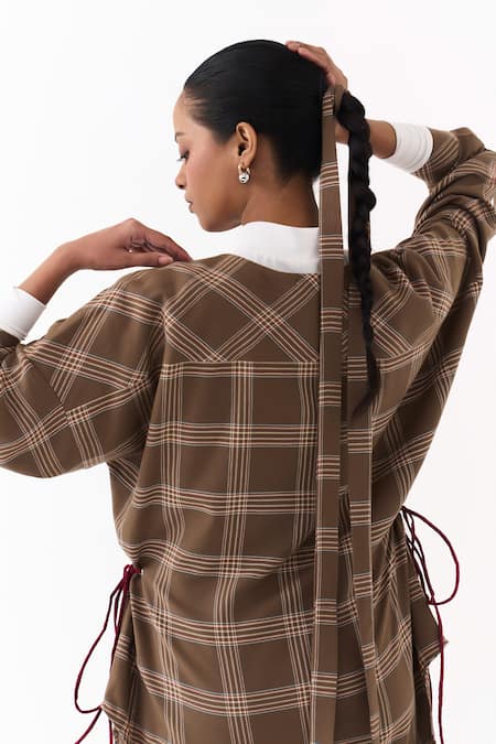 Three_Brown Round Neck Checkered Pattern Shirt _at_Aza_Fashions