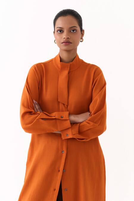 Three_Rust Collared Melange Flap Placket Long Tunic _Online_at_Aza_Fashions