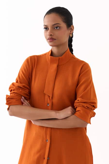Buy_Three_Rust Collared Melange Flap Placket Long Tunic _Online_at_Aza_Fashions