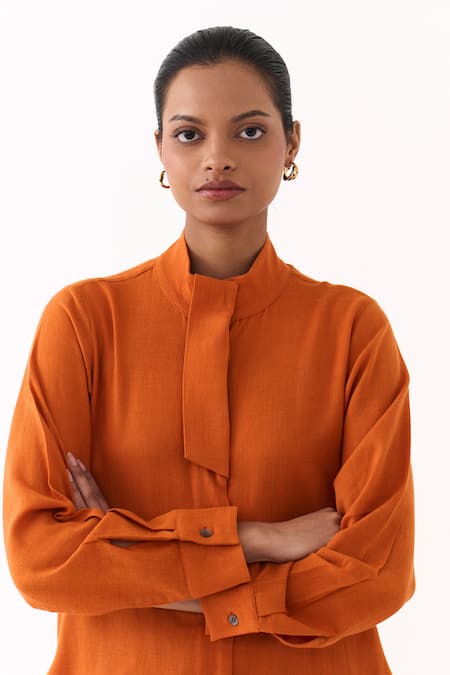 Buy_Three_Rust Collared Melange Flap Placket Long Tunic 