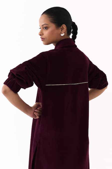Three Wine Corduroy Piping Collared, Button-down Neck Shirt Tunic Online at Aza Fashions Three_Wine Corduroy Piping Collared, Button-down Neck Shirt Tunic _Online_at_Aza_Fashions