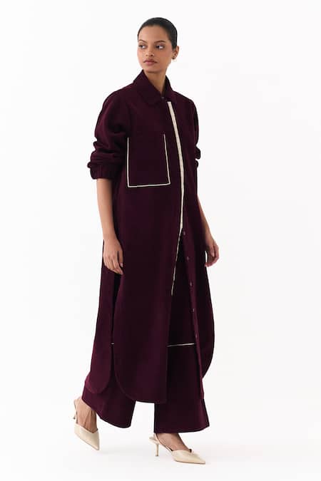 Buy Three Wine Corduroy Piping Collared, Button-down Neck Shirt Tunic Online at Aza Fashions Buy_Three_Wine Corduroy Piping Collared, Button-down Neck Shirt Tunic _Online_at_Aza_Fashions