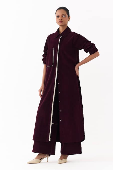 Shop Three Wine Corduroy Piping Collared, Button-down Neck Shirt Tunic Online at Aza Fashions Shop_Three_Wine Corduroy Piping Collared, Button-down Neck Shirt Tunic _Online_at_Aza_Fashions