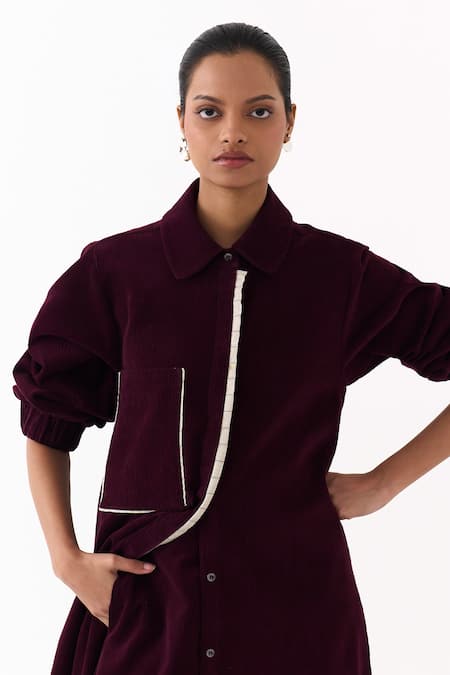 Three Wine Corduroy Piping Collared, Button-down Neck Shirt Tunic at Aza Fashions Three_Wine Corduroy Piping Collared, Button-down Neck Shirt Tunic _at_Aza_Fashions