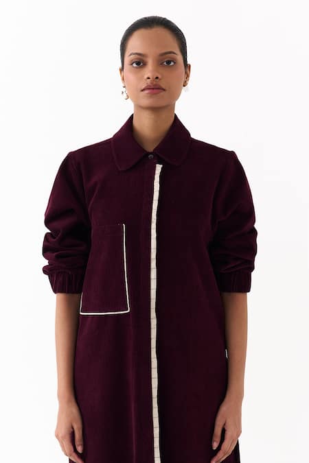 Buy Three Wine Corduroy Piping Collared, Button-down Neck Shirt Tunic Buy_Three_Wine Corduroy Piping Collared, Button-down Neck Shirt Tunic