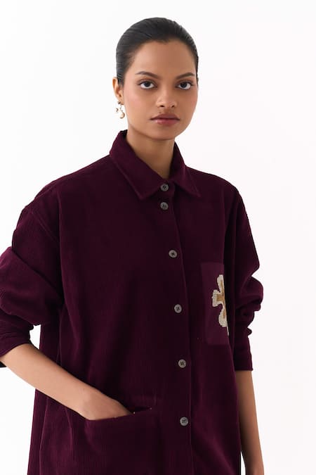 Shop Three Wine Corduroy Embroidery Collared Patchwork Shirt Online at Aza Fashions Shop_Three_Wine Corduroy Embroidery Collared Patchwork Shirt _Online_at_Aza_Fashions