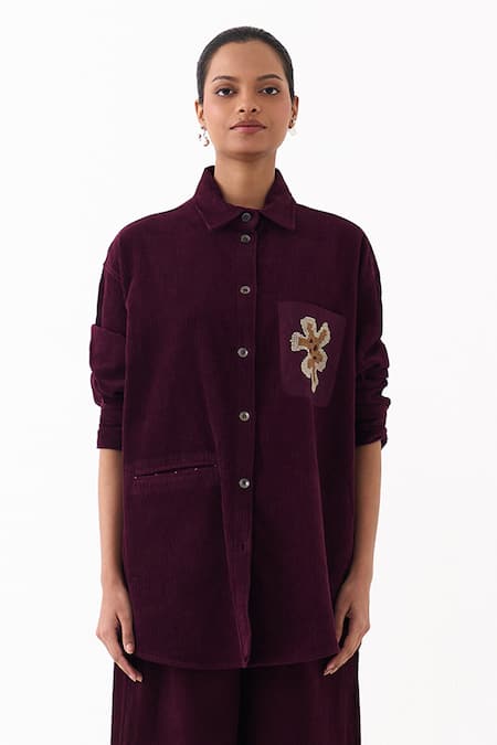 Three Wine Corduroy Embroidery Collared Patchwork Shirt at Aza Fashions Three_Wine Corduroy Embroidery Collared Patchwork Shirt _at_Aza_Fashions