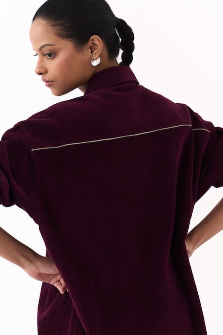 Buy Three Wine Corduroy Embroidery Collared Patchwork Shirt Buy_Three_Wine Corduroy Embroidery Collared Patchwork Shirt