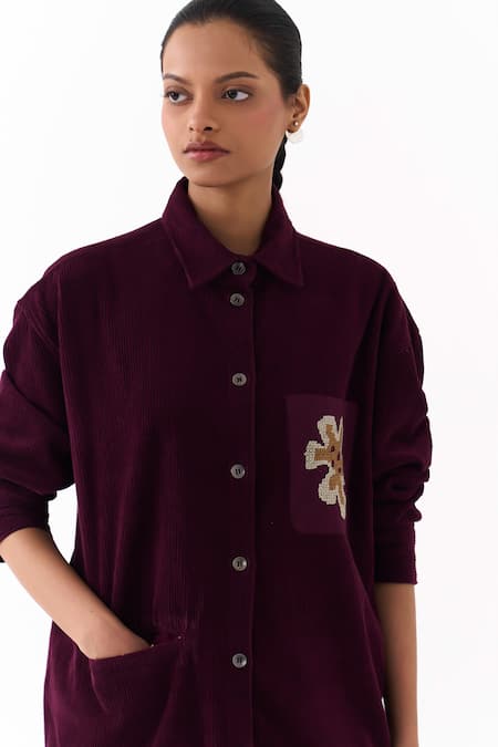 Shop Three Wine Corduroy Embroidery Collared Patchwork Shirt Shop_Three_Wine Corduroy Embroidery Collared Patchwork Shirt
