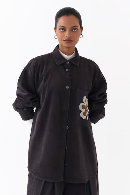 Three_Gray Corduroy Embroidery Collared Shirt _at_Aza_Fashions