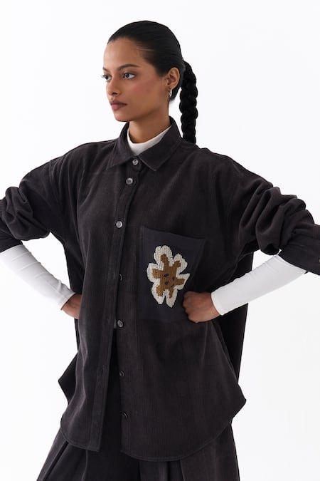Shop_Three_Gray Corduroy Embroidery Collared Shirt 
