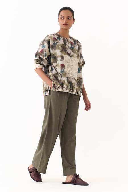 Three_Multi Color Corduroy Embroidery Round , Open Printed Top _Online_at_Aza_Fashions