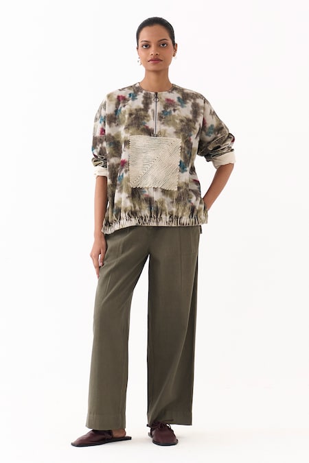 Buy_Three_Multi Color Corduroy Embroidery Round , Open Printed Top _Online_at_Aza_Fashions