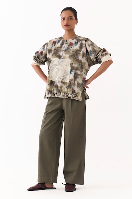 Three_Multi Color Corduroy Embroidery Round , Open Printed Top _at_Aza_Fashions