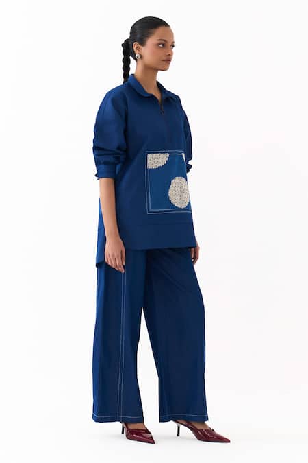 Three_Blue Denim Embroidery, Patchwork Collared Top _Online_at_Aza_Fashions