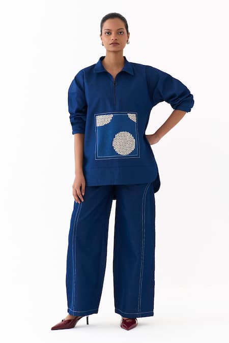 Buy_Three_Blue Denim Embroidery, Patchwork Collared Top _Online_at_Aza_Fashions