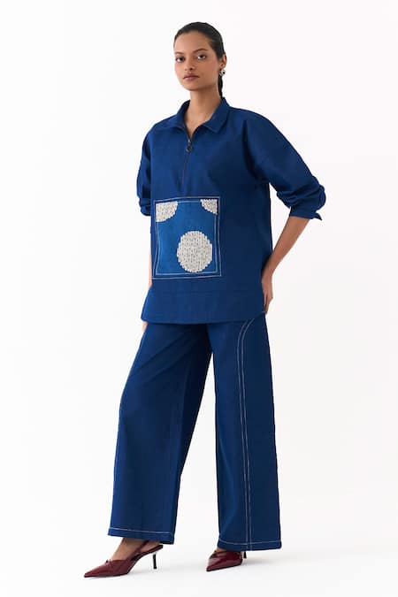 Three_Blue Denim Embroidery, Patchwork Collared Top _at_Aza_Fashions