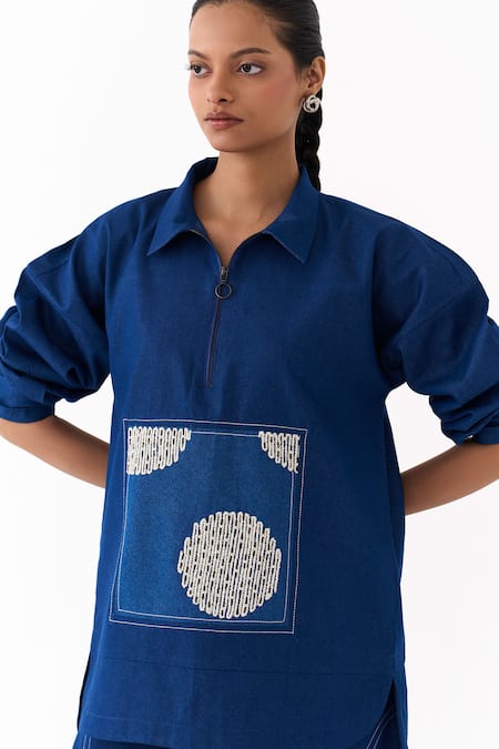 Buy_Three_Blue Denim Embroidery, Patchwork Collared Top 