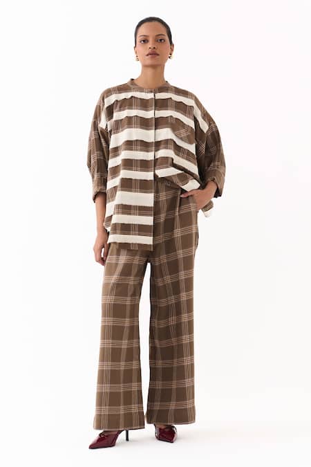 Three_Brown Mandarin Collar Checkered Pattern Shirt _Online_at_Aza_Fashions