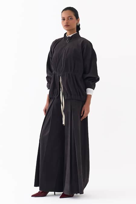 Buy Three Gray Corduroy High Neck Drawstring Top Online at Aza Fashions Buy_Three_Gray Corduroy High Neck Drawstring Top _Online_at_Aza_Fashions