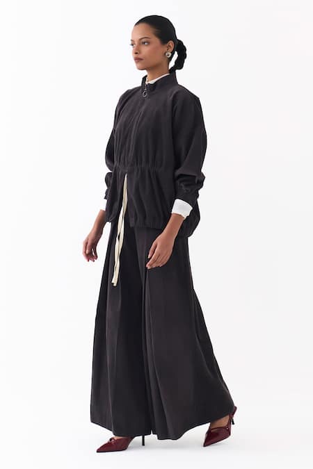 Shop Three Gray Corduroy High Neck Drawstring Top Online at Aza Fashions Shop_Three_Gray Corduroy High Neck Drawstring Top _Online_at_Aza_Fashions