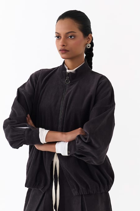 Buy Three Gray Corduroy High Neck Drawstring Top Buy_Three_Gray Corduroy High Neck Drawstring Top