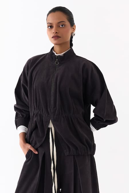 Shop Three Gray Corduroy High Neck Drawstring Top Shop_Three_Gray Corduroy High Neck Drawstring Top