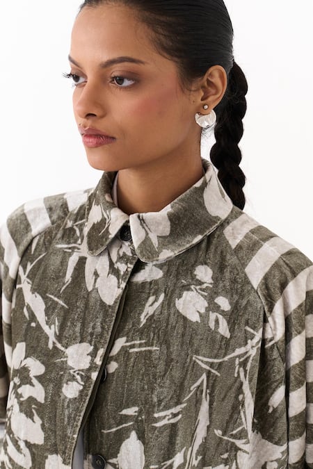 Three_Olive Green Velvet Collared Floral And Stripe Print Jacket _Online_at_Aza_Fashions