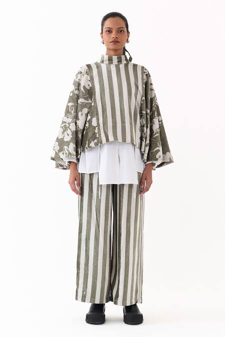 Shop_Three_Olive Green Velvet Collared Floral And Stripe Print Jacket _Online_at_Aza_Fashions