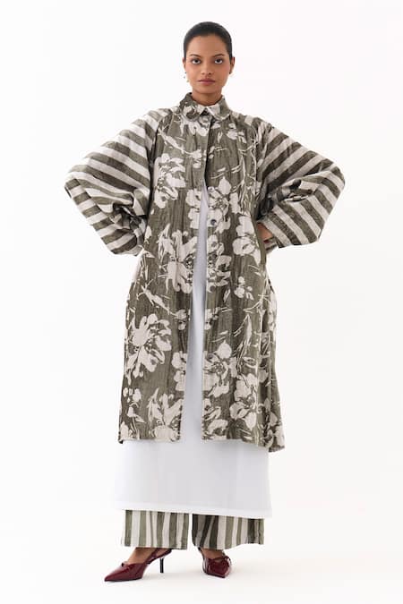 Shop_Three_Olive Green Velvet Collared Floral And Stripe Print Jacket 