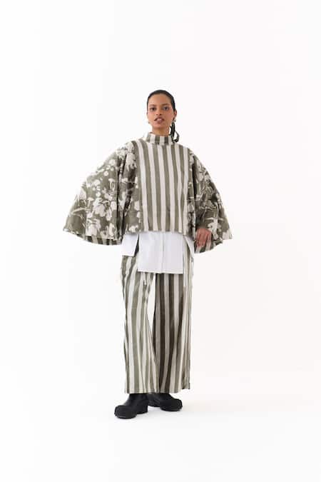 Three_Olive Green Velvet High Neck Stripe And Floral Print Poncho Top _Online_at_Aza_Fashions