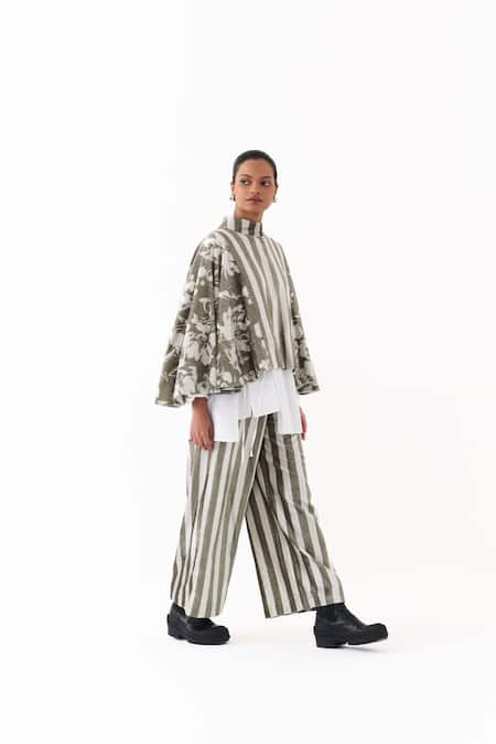 Buy_Three_Olive Green Velvet High Neck Stripe And Floral Print Poncho Top _Online_at_Aza_Fashions