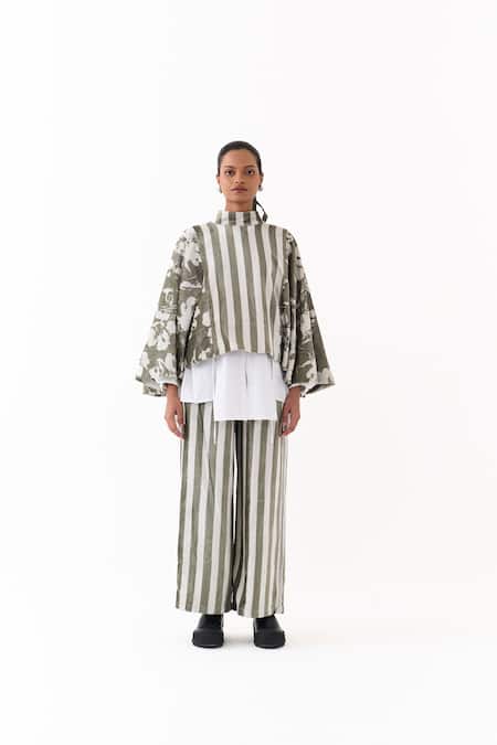 Shop_Three_Olive Green Velvet High Neck Stripe And Floral Print Poncho Top _Online_at_Aza_Fashions