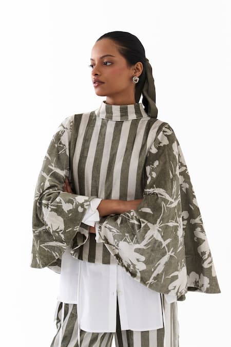 Three Stripe & Floral Print Poncho Top