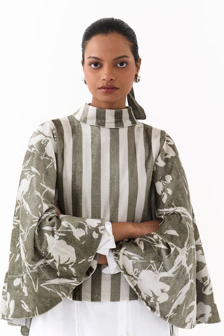 Three_Olive Green Velvet High Neck Stripe And Floral Print Poncho Top _at_Aza_Fashions