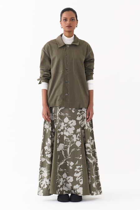 Buy Three Olive Green Twill Collared Loose Fit Jacket Online at Aza Fashions Buy_Three_Olive Green Twill Collared Loose Fit Jacket _Online_at_Aza_Fashions