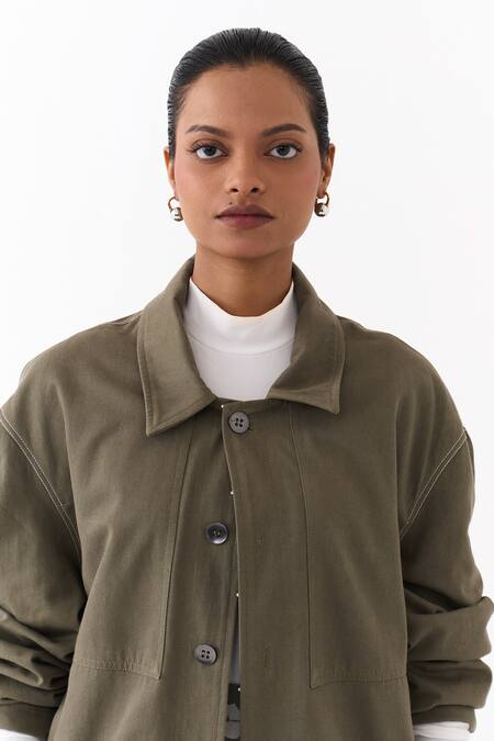 Shop Three Olive Green Twill Collared Loose Fit Jacket Online at Aza Fashions Shop_Three_Olive Green Twill Collared Loose Fit Jacket _Online_at_Aza_Fashions