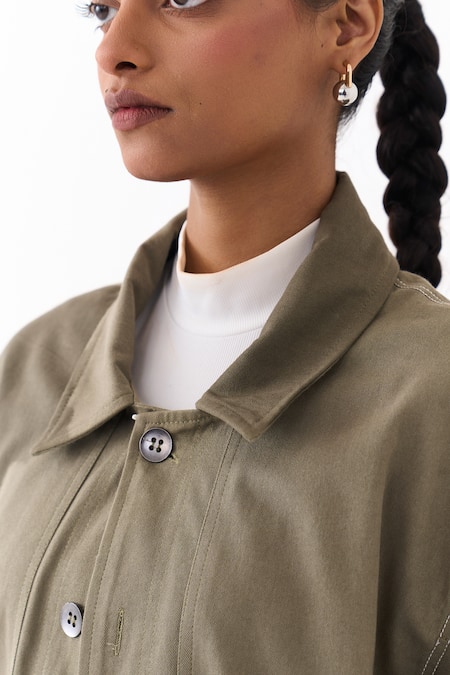 Three Olive Green Twill Collared Loose Fit Jacket at Aza Fashions Three_Olive Green Twill Collared Loose Fit Jacket _at_Aza_Fashions