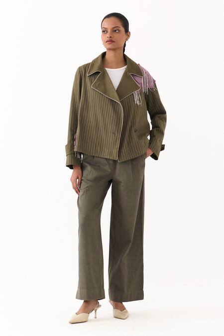 Three Olive Green Twill Embroidery, Fringe, Patchwork Collared Floral Linear Jacket Online at Aza Fashions Three_Olive Green Twill Embroidery, Fringe, Patchwork Collared Floral Linear Jacket _Online_at_Aza_Fashions