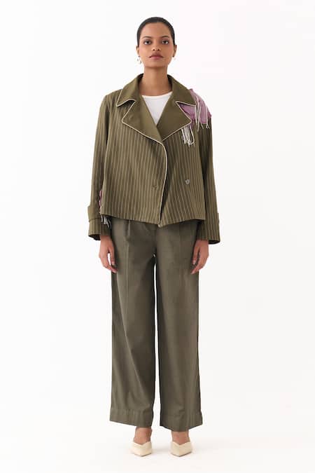 Buy Three Olive Green Twill Embroidery, Fringe, Patchwork Collared Floral Linear Jacket Online at Aza Fashions Buy_Three_Olive Green Twill Embroidery, Fringe, Patchwork Collared Floral Linear Jacket _Online_at_Aza_Fashions