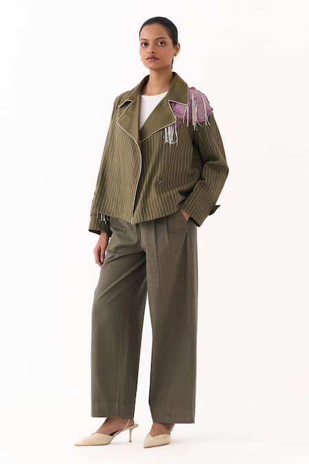 Shop Three Olive Green Twill Embroidery, Fringe, Patchwork Collared Floral Linear Jacket Online at Aza Fashions Shop_Three_Olive Green Twill Embroidery, Fringe, Patchwork Collared Floral Linear Jacket _Online_at_Aza_Fashions