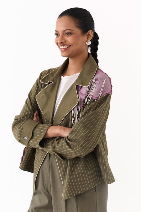 Three Olive Green Twill Embroidery, Fringe, Patchwork Collared Floral Linear Jacket at Aza Fashions Three_Olive Green Twill Embroidery, Fringe, Patchwork Collared Floral Linear Jacket _at_Aza_Fashions