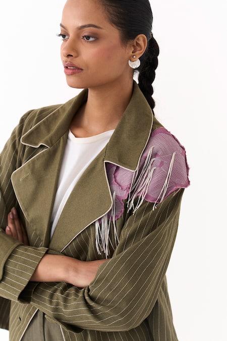 Buy Three Olive Green Twill Embroidery, Fringe, Patchwork Collared Floral Linear Jacket Buy_Three_Olive Green Twill Embroidery, Fringe, Patchwork Collared Floral Linear Jacket