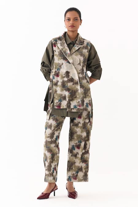 Three_Multi Color Corduroy Applique Collared Floral Print Waistcoat _Online_at_Aza_Fashions