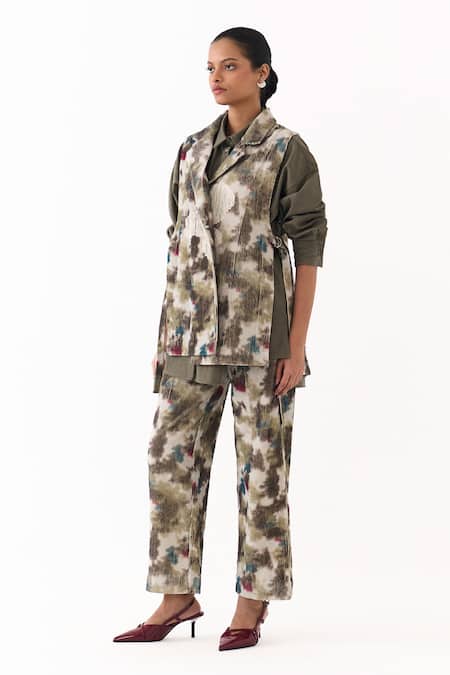 Buy_Three_Multi Color Corduroy Applique Collared Floral Print Waistcoat _Online_at_Aza_Fashions