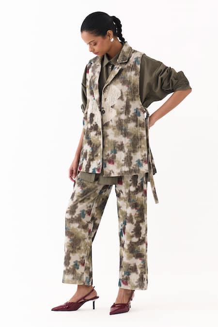 Shop_Three_Multi Color Corduroy Applique Collared Floral Print Waistcoat _Online_at_Aza_Fashions