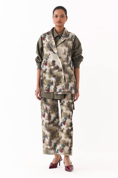 Three_Multi Color Corduroy Applique Collared Floral Print Waistcoat _at_Aza_Fashions