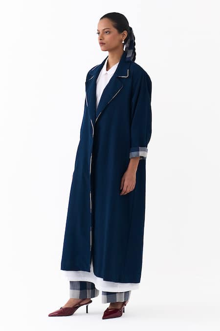 Three_Navy Wool Collared Notch Overlay Jacket _Online_at_Aza_Fashions