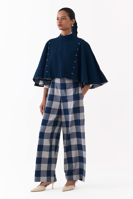 Buy_Three_Blue Wool Embroidery High Neck Reversible Poncho Top _Online_at_Aza_Fashions