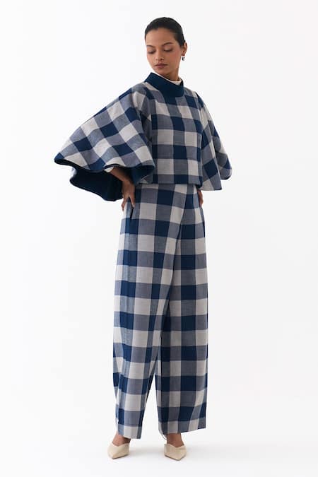 Three_Blue Wool Embroidery High Neck Reversible Poncho Top _at_Aza_Fashions